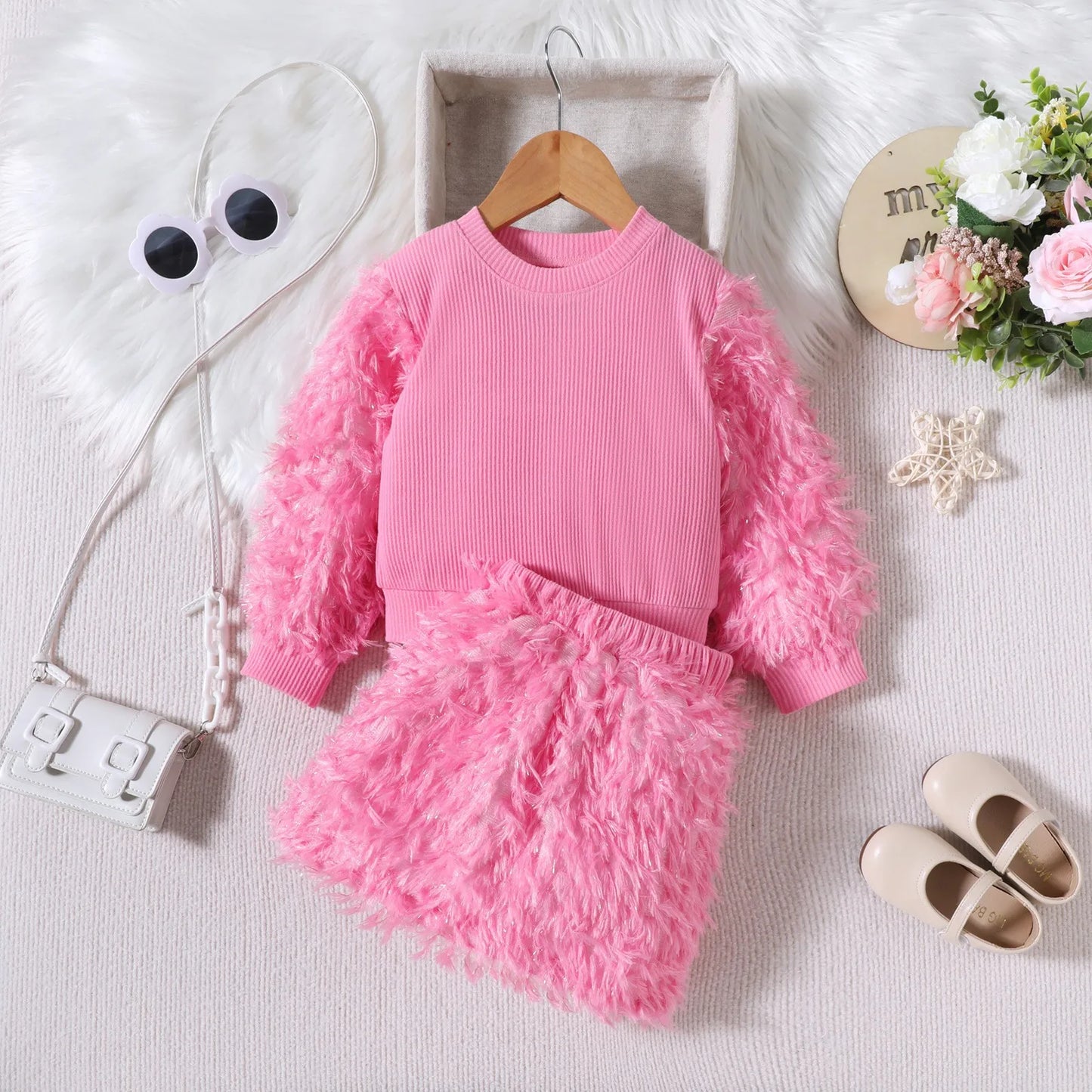 Maxy Autumn New Girls Plush Long-sleeved Spliced O Neck Pullover Top + Plush Skirt 2 Piece Set Casual Kids Cothes Age 3T-8T