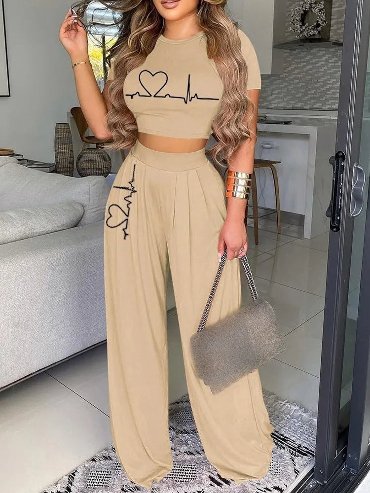 Maxy Women Open Bellybutton Set Summer Leisure Fashion Heartbeat Short Sleeved Top High Waist Women Wide Leg Long Pants Two Piece Set