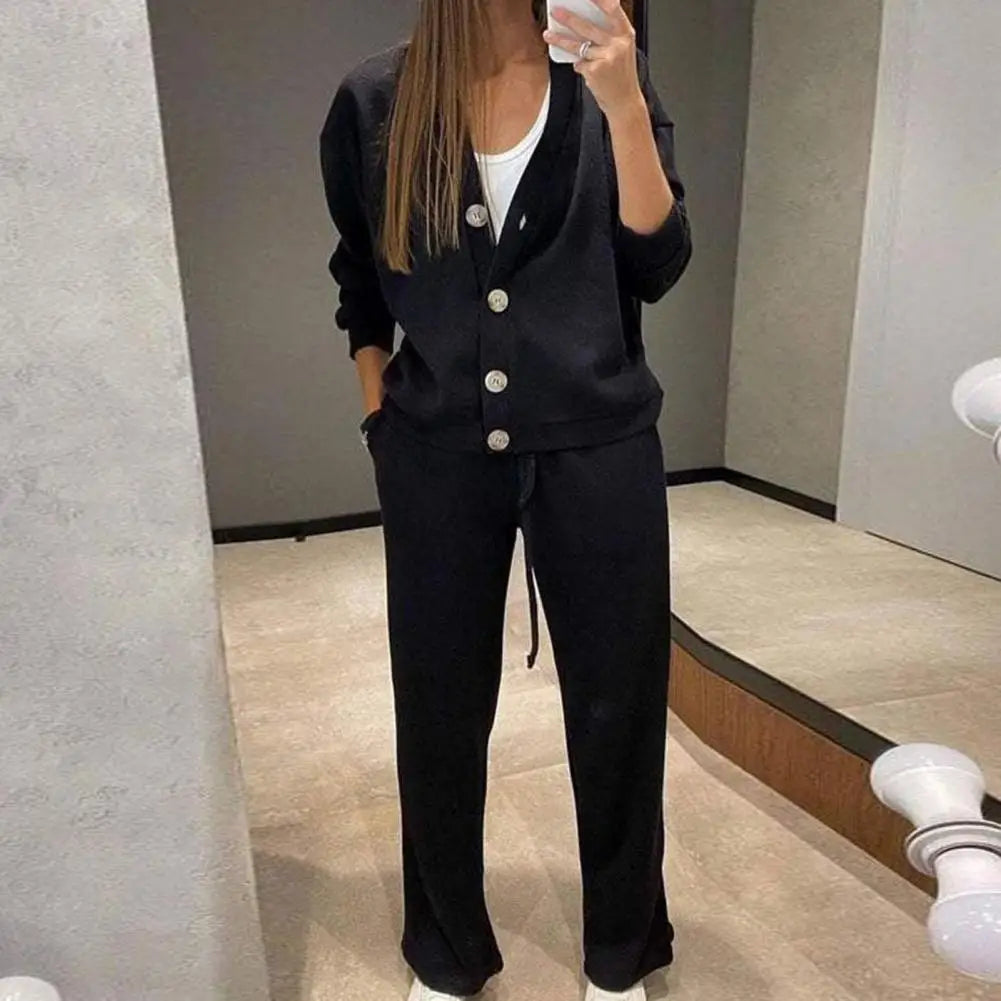 Maxy Elastic Waist Tracksuit Women Casual Two-piece Set Women's V Neck Knitted Shirt Wide Leg Trousers Set Long Sleeves for Casual