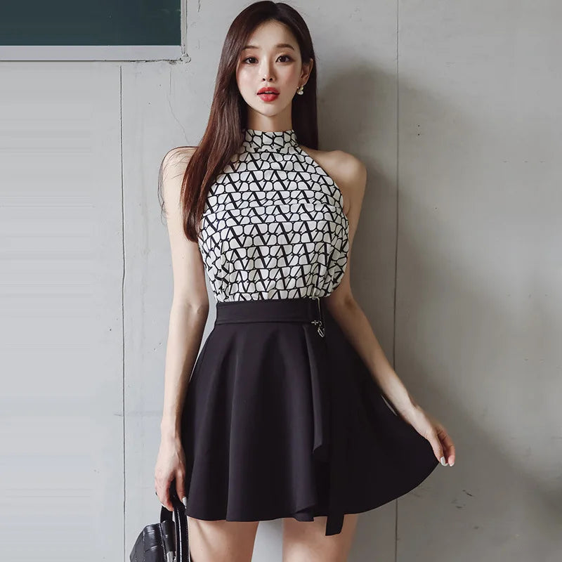 Summer Elegant Women's Outfit Casual Suit Hanging Collar Printed Top+High Waist Ruffle Edge Short Half Skirt Set of Two-piece