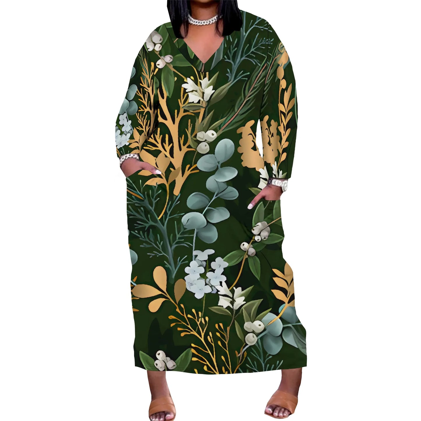 Maxy Plus Size Off Shoulder Green Botanical Print Dress Vacation Casual Wear