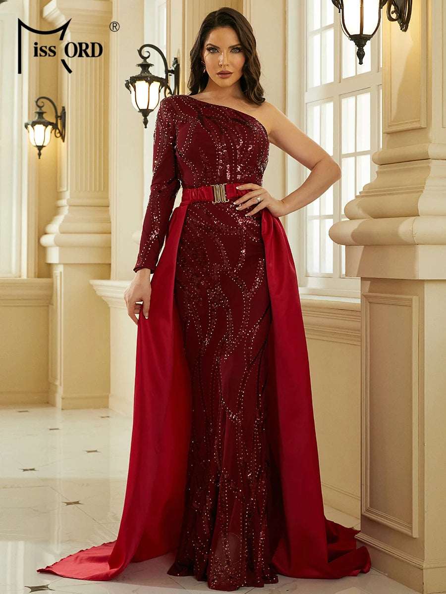 Babs Elegant Wine Wedding Party Dress With Train Women One Shoulder Long Sleeve Sequin Belt Prom Evening Dresses Formal Gown