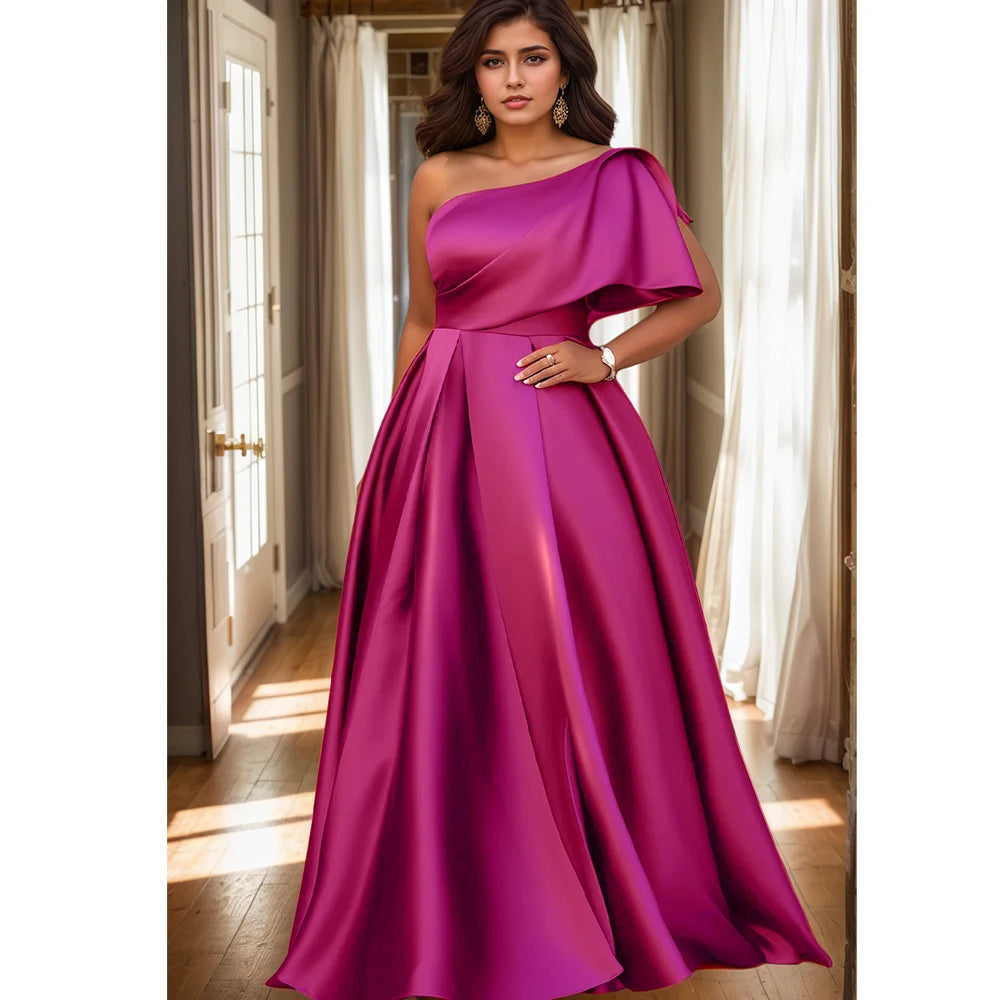 Maxy Plus Size Women's Evening Dress One Sleeve Pleated A-Line Elegant Wedding Guest Cocktail Maxy Dresses Off Shoulder Formal Dress