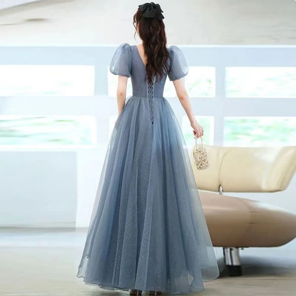 Maxy Puff Sleeve Long Prom Evening Dress for Women Mesh Party Formal Host Princess Evening Dresses Woman Elegant Glitter Party Gown