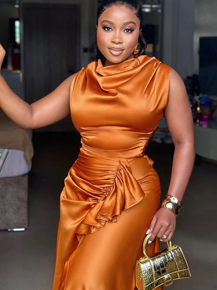 Amay Elegant Women Summer New Style Sleeveless Slim Fit Ruffle Edge Mid Length Irregular Dress Women's Party Dresses