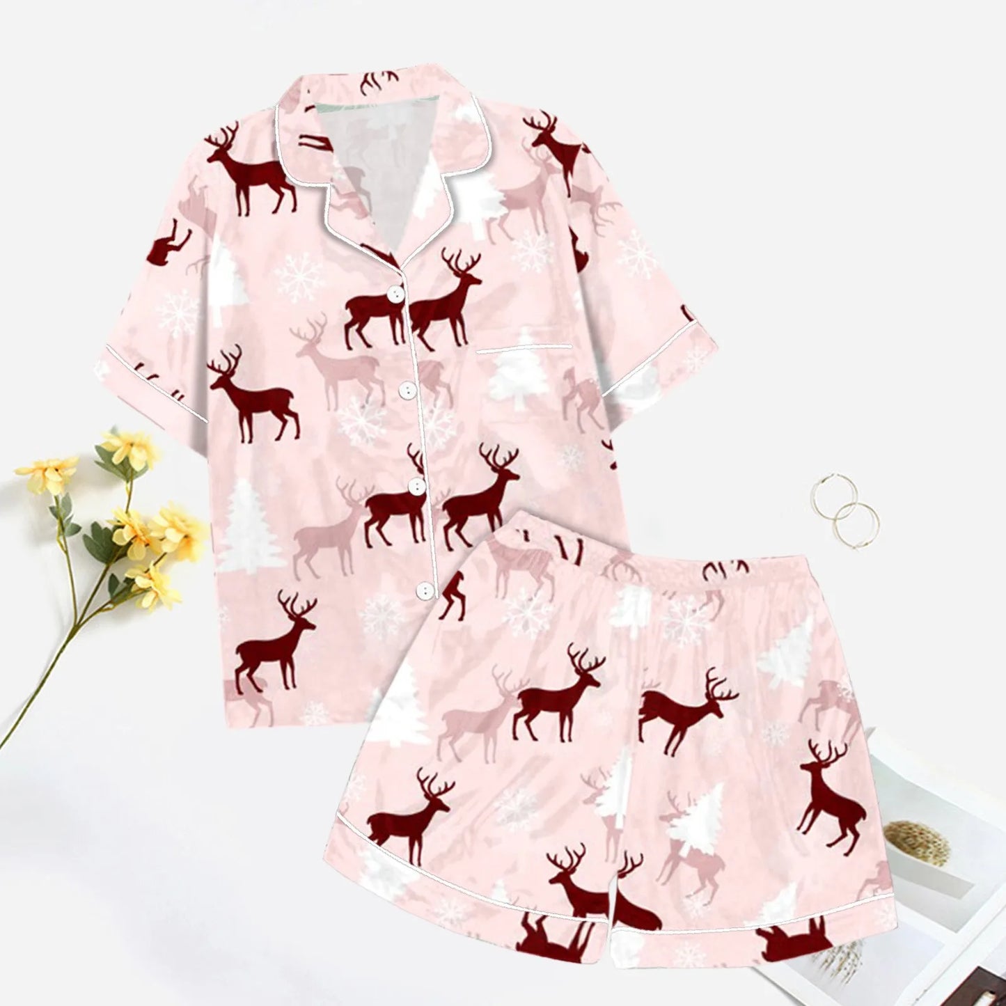 Christmas Graphic Print Women's Button-Down Shirts Pajamas Shorts Set Causal Women‘s Silk Satin 2 Piece Homewear Shorts Set Soft