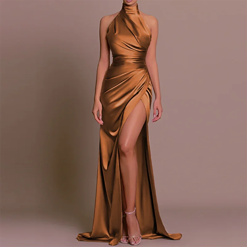 Maxy Elegant Stand Collar High Waist Robe Dress New Fashion Sleeveless Split Bridesmaid Dress Monochrome Satin Slim Women Party Dress
