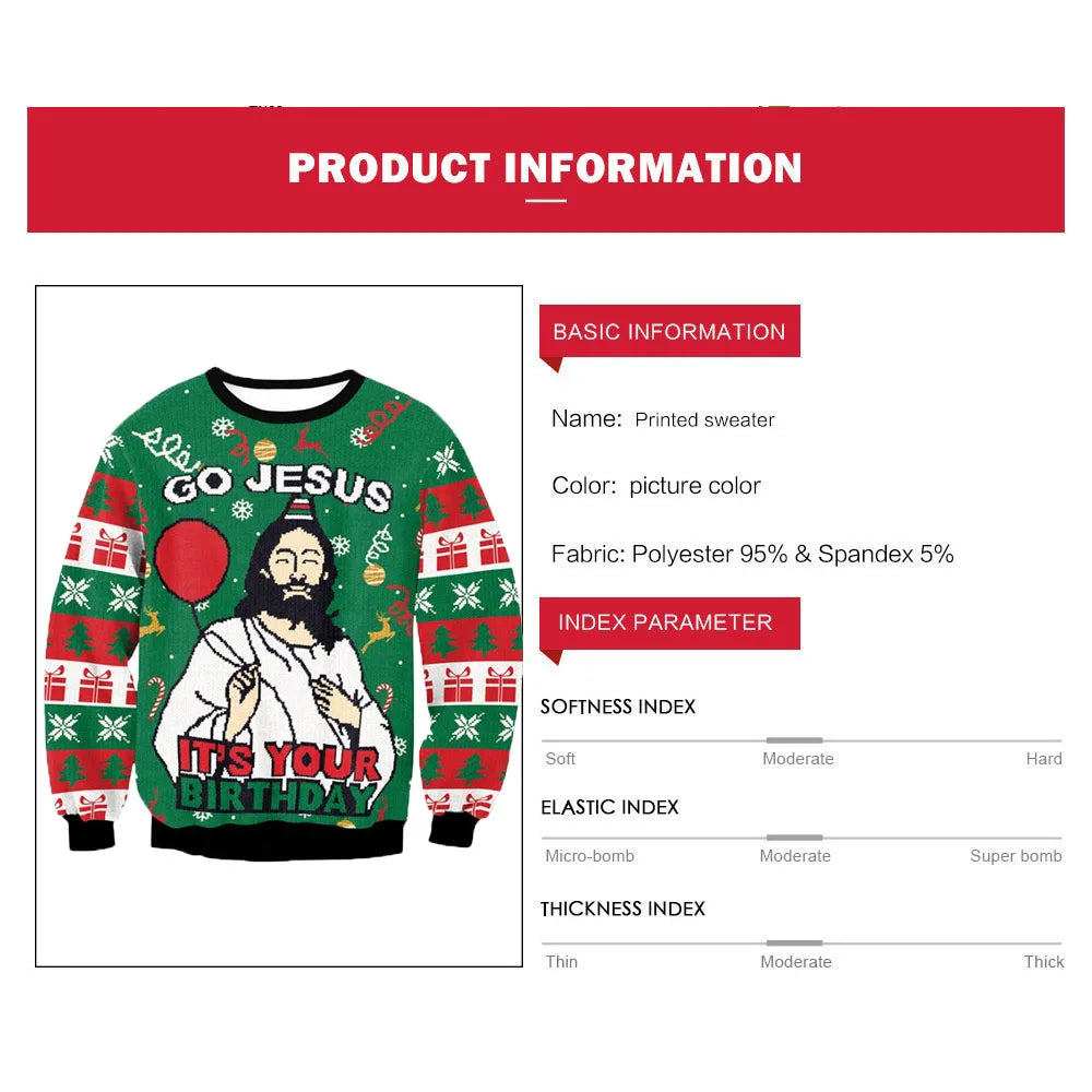 Visco Men Women Holiday Party Xmas Sweatshirt Happy Birthday Jesus Sweater Green 3D Funny Printed Ugly Christmas Sweaters Jumpers Tops