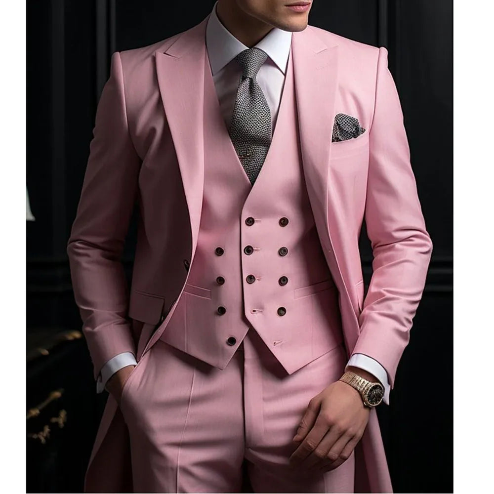 Visco High Quality Pink Men Suits Single Breasted Peak Lapel Customized Wedding 3 Piece Jacket Pants Vets Full Sets Costume Homme