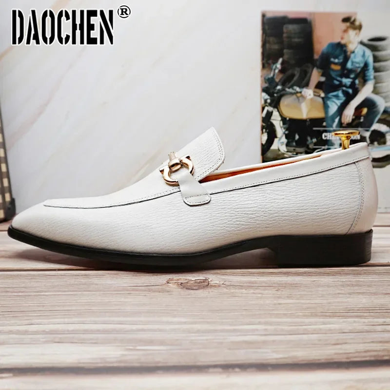 Maxy Luxury Men Leather Shoes Black White Horsebit Loafers Slip on Formal Men Dress Shoes Wedding Office Casual Shoes For Men