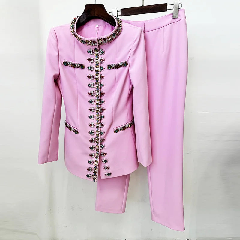 Maxy Luxury Spring Crystal Pants Suits Two Piece Sets Women's Blazers Long Trousers Pink Suit Coats Wide Leg Pants 2pcs Outfits