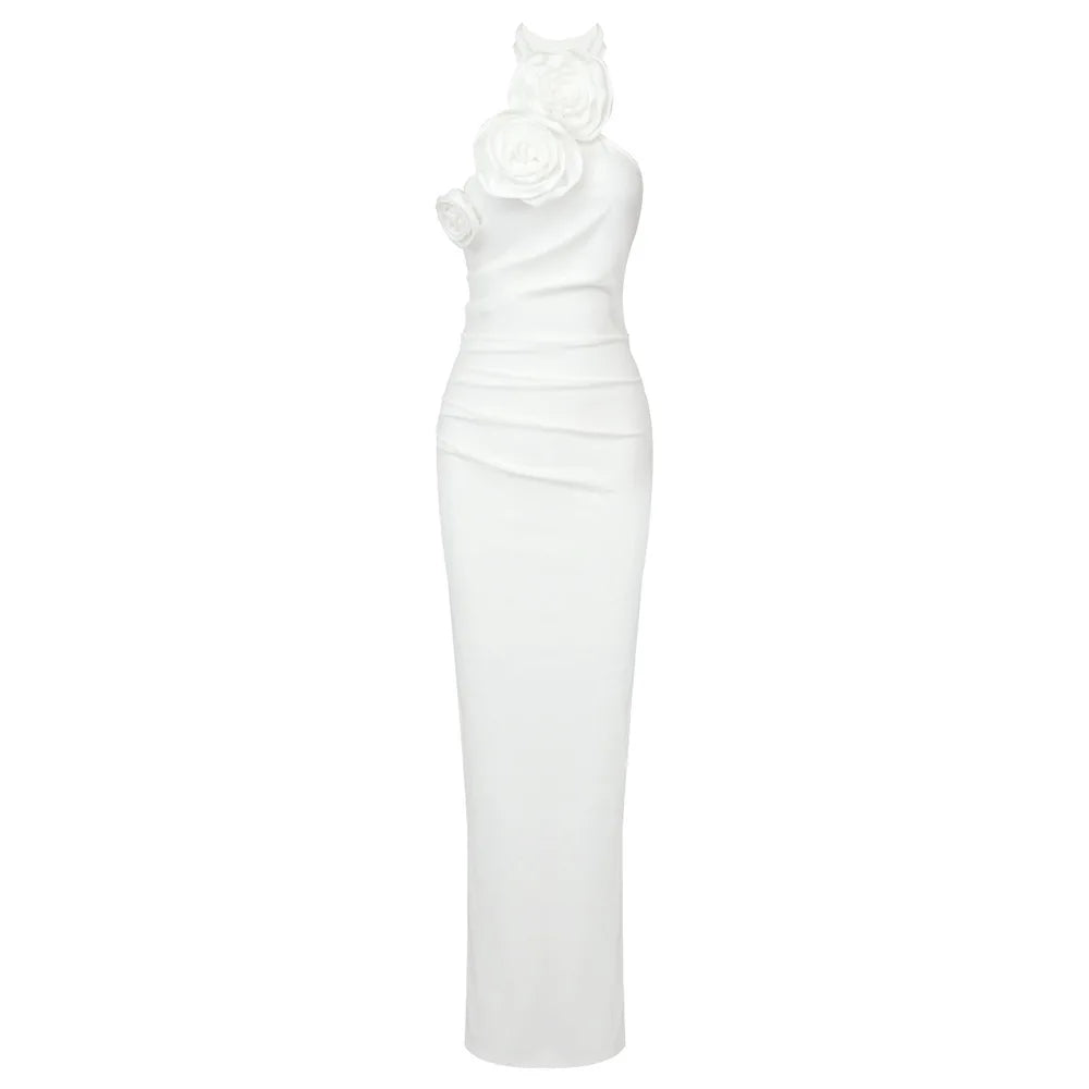 Maxy White One-Piece Evening Dresses Luxury Birthday Dress for Women Elegant Gowns Flowers Decoration High Split Gown Summer