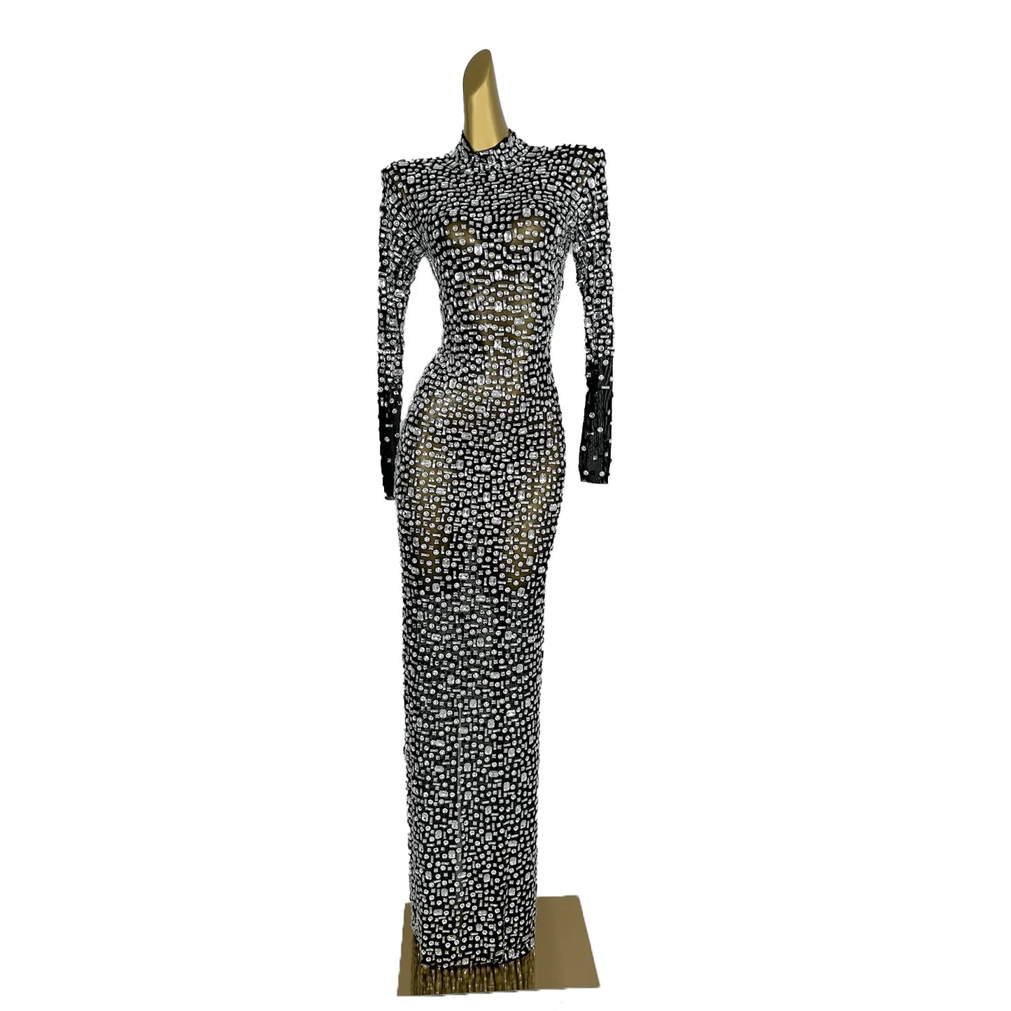 Maxy Red Diamonds Dress See Through Long Sleeve Evening Dress Festival Clothing Rhinestone Prom Gowns  Special Occasion Dress Gesebei