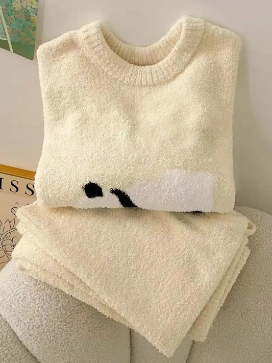 Maxy Winter Cute Panda Flannel Pamas Set Women Kawaiii Pattern Sleepwear For Girl Fashion Pullover Veet Woman's Pijamas