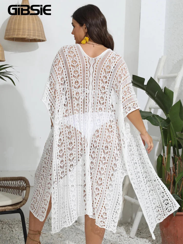 Macy White Kimono Bikini Cover Up for Women Holiday See Through Hollow Out Knitted Split Long Beach Cover-ups