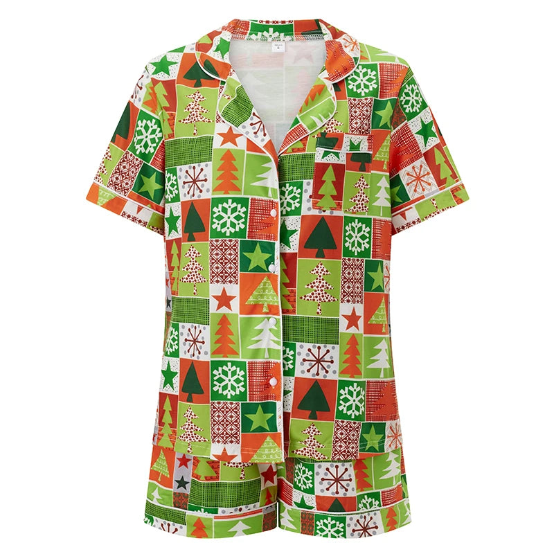 Maxy Christmas Family Pajamas Matching Set Christmas Tree Candy Print Tops and Drawstring Shorts Sleepwear