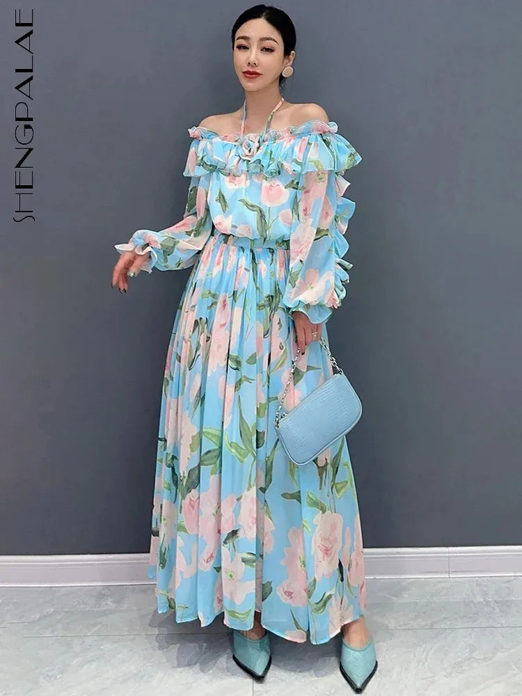 Babs Summer New Dress For Women Korean Off Shoulder Printed A-line Pleated Loose Elegant Casual Female Dresses 5C1290