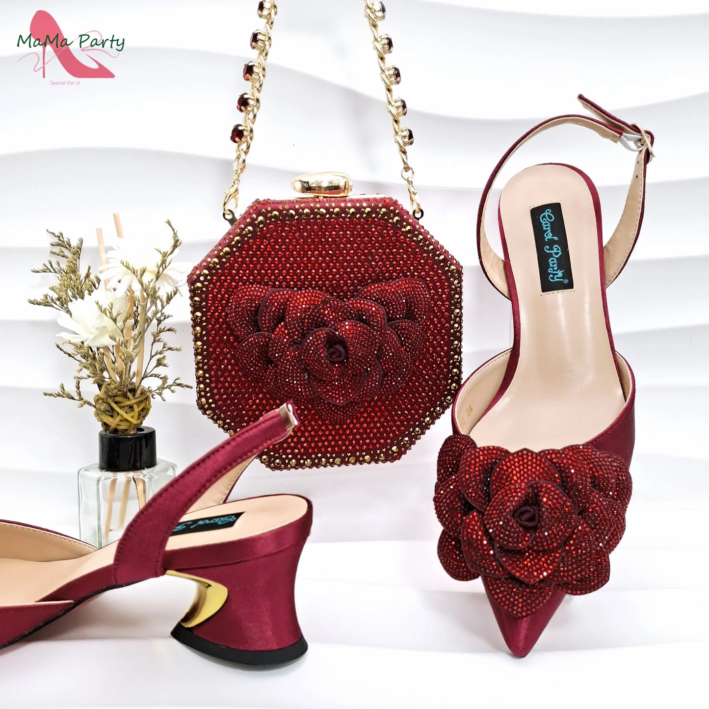 Maxy Women Shoes Matching Bag Set in Wine Color 2024 Classics Style High Quality New Design with Crystal for Wedding