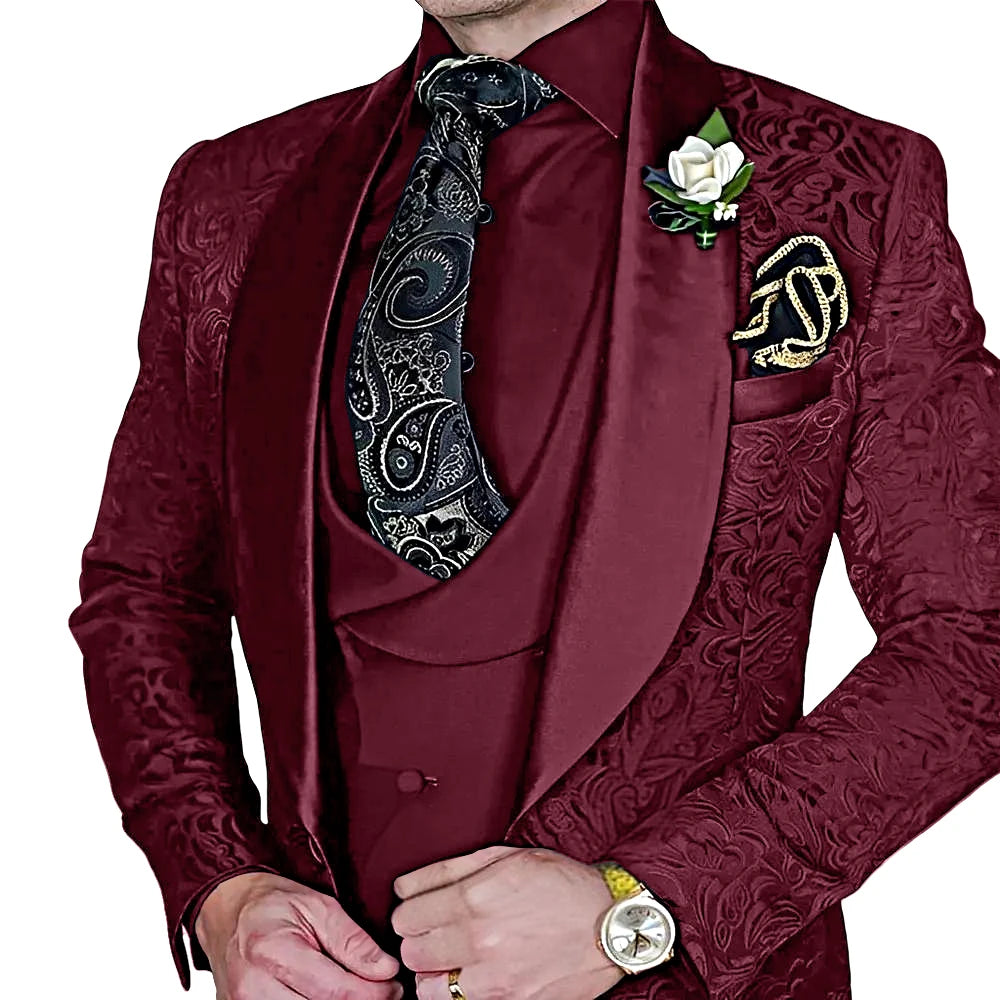Amay Fashionable Paisley Men's 3-piece Suit Set, Jacquard One Button Blazer, Vest Pants Formal Wedding Party Suits for Men