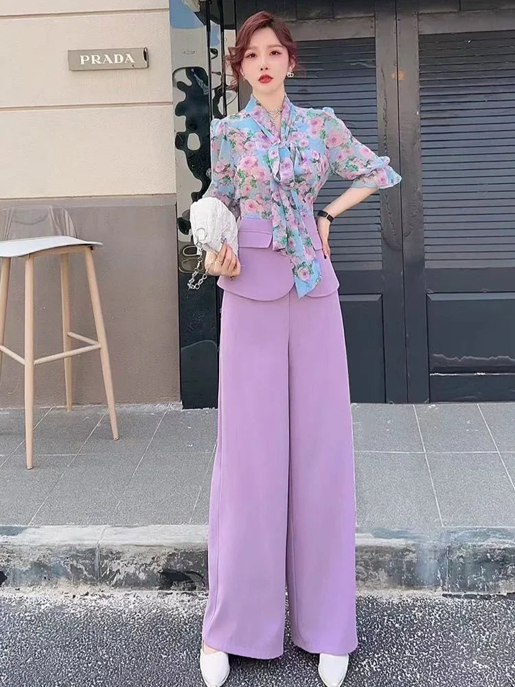 Shirt Splicing Holiday Outfits Blouse and Pant Sets for Women 2 Pieces Summer 2025 Trousers Woman Aesthetic Clothing Sales Trend