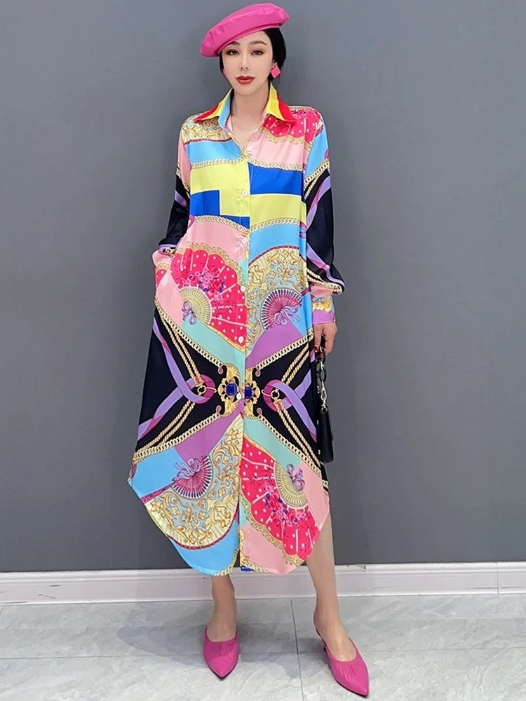 Maxy Fashion Shirt Dress for Women Korean Printed Colorful Pattern Stitching Loose Summer Clothes 5R1504