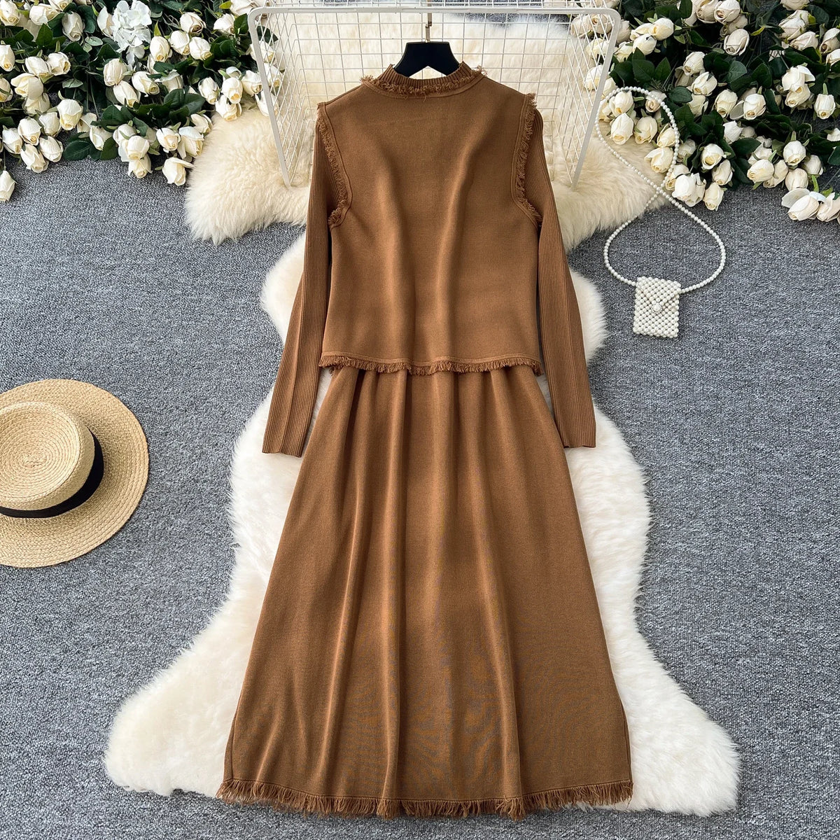Maxy Chic Women Two-Piece Sets Basics O-neck Single Breasted Vest and Slim Long Sleeve Knit Dress French High Street Winter Clothing