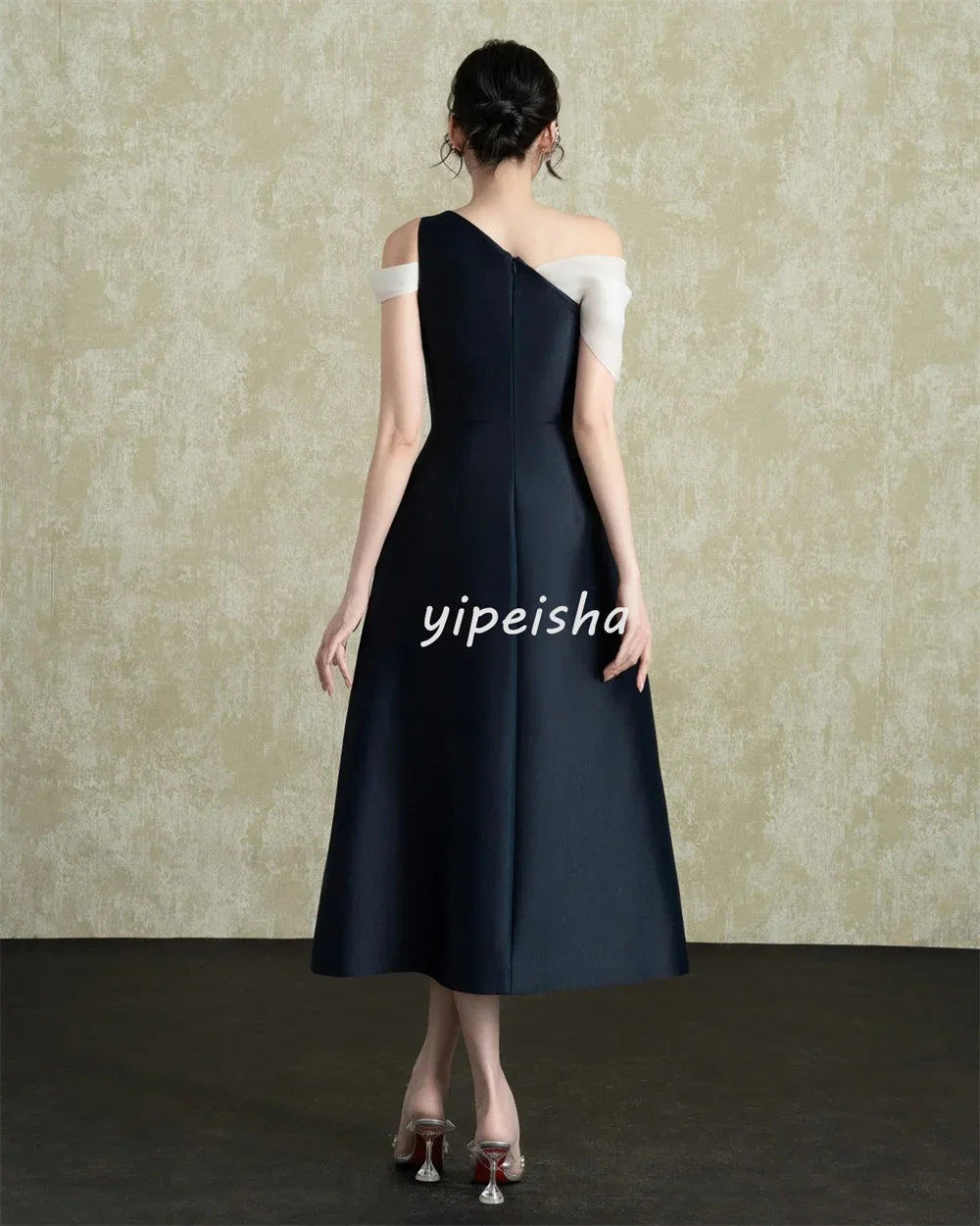 Maxy Customized Unisex Matching Fashion Pleat Rached A-line Off-the-shoulder Midi Dresses Bespoke Occasion Dresses Classic Casual