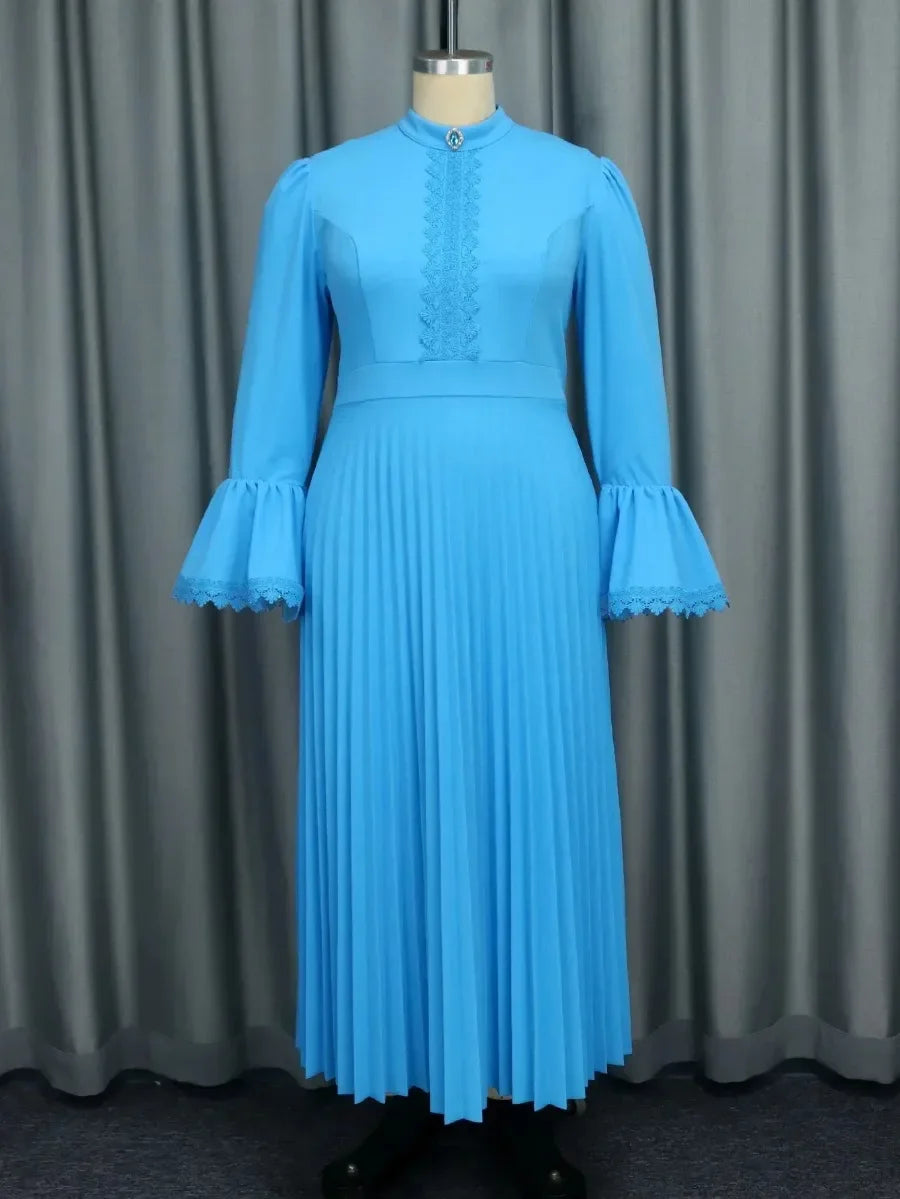 Women Blue Gracy's Dress Stand Collar Long Flare Sleeves Lace Patchwork Elegant Pleated A-Line Church Evening Banquet Party Gowns