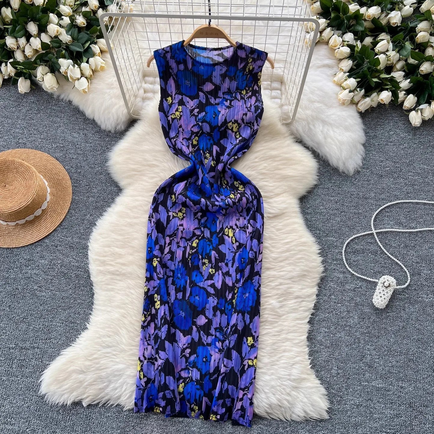Maxy Summer Holiday Floral Print Miyake Long Pleated Dress Women Clothing Sleeveless High Stretch Straight Draped Loose Robe