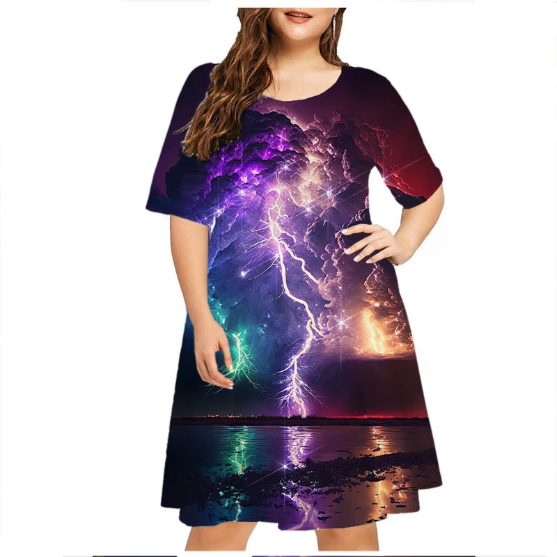 Maxy Thunder Lightning Pattern Women Dress Short Sleeve O-Neck Tie Dye 3D Print Summer Dress Plus Size Ladies Casual Loose Dress 6XL