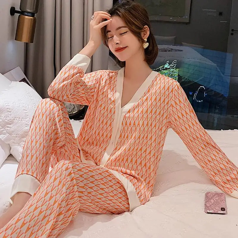 Maxy Pajamas Suit Women Satin Print Nightwear Casual 2PCS Pajama's Set Sleepwear V-Neck Intimate Lingerie Nightgown Comfy Home Wear