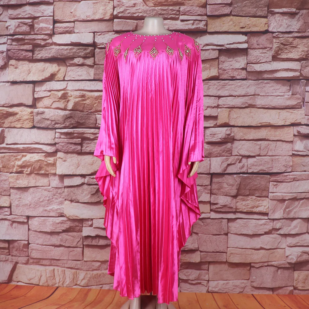 Maxy Women Pleated Diamonds Loose Maxy Evening Dress Djellaba Boubou Robe African Ankara Dashiki Dubai Turkey Abaya Kaftan Party Gown