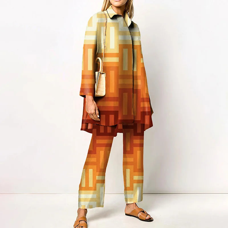 Maxy Autumn New Loose Vintage Printed Pant Sets Women Long Sleeve Shirts And Wide Legs Trousers Two Piece Set Fashion Streetwear
