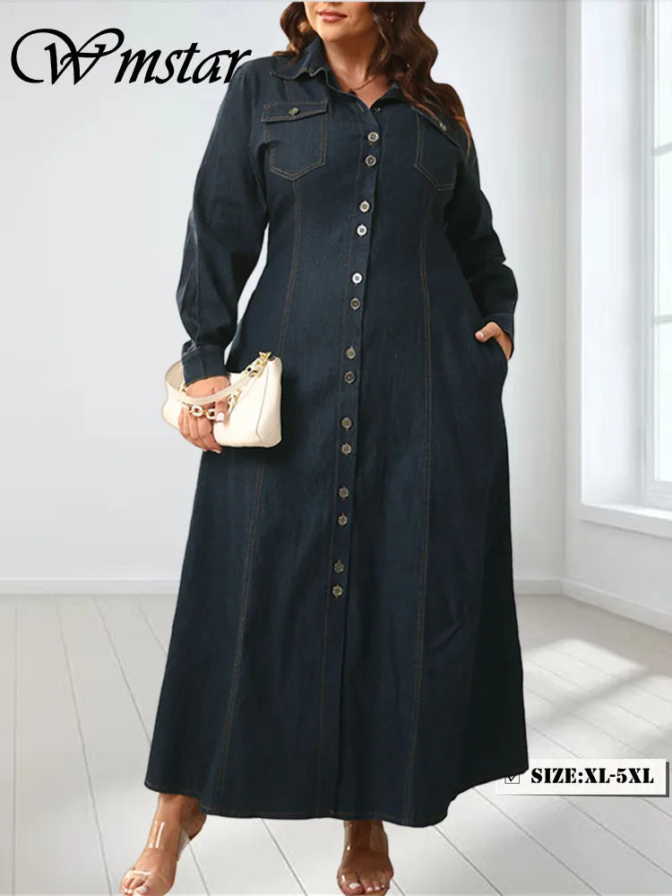 Wmstar Plus Size Dresses for Women Denim Button Solid Long Fashion Elegant Maxi Dress Fall Winter Clothes Wholesale Dropshipping