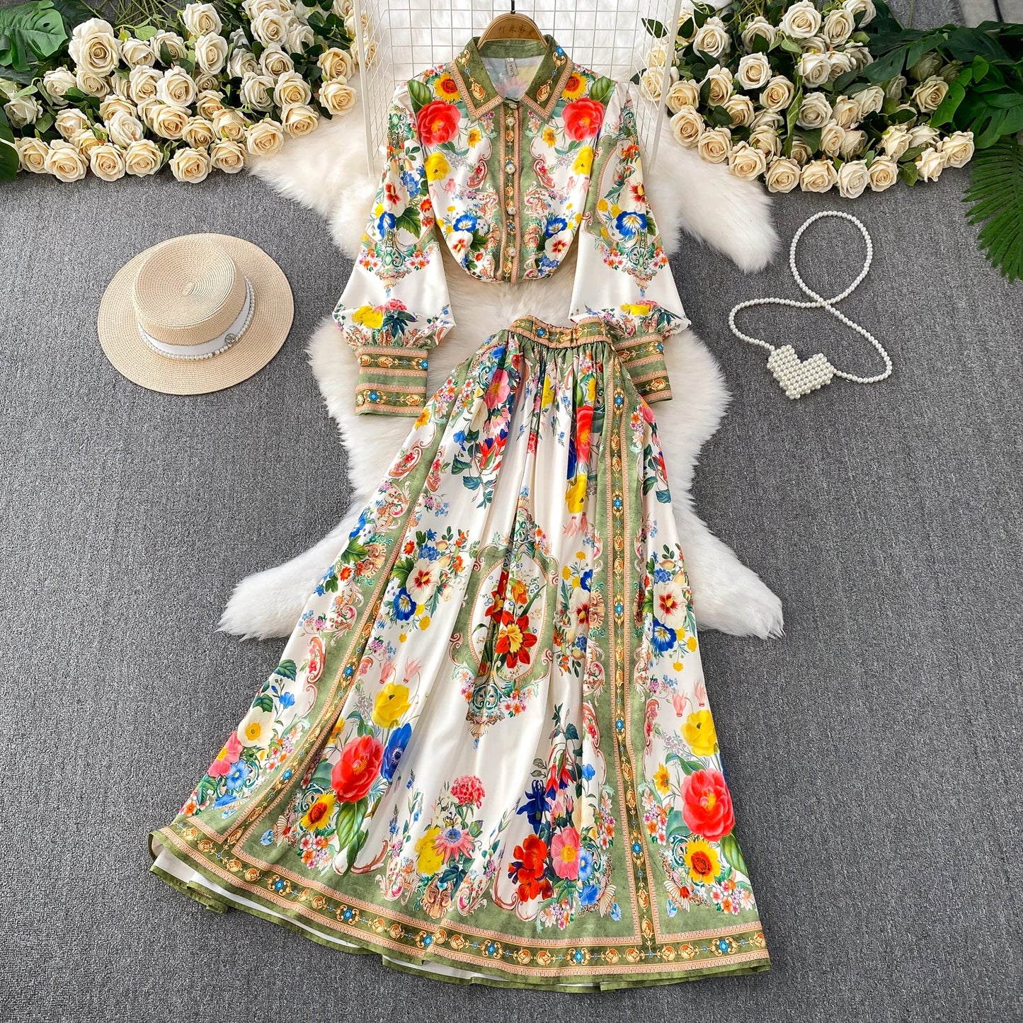 Maxy Autumn Printed Skirt Two-piece Set Lapel Long Sleeved Shirt A-line Skirts Matching Sets French Elegant Vacation Women's Suit