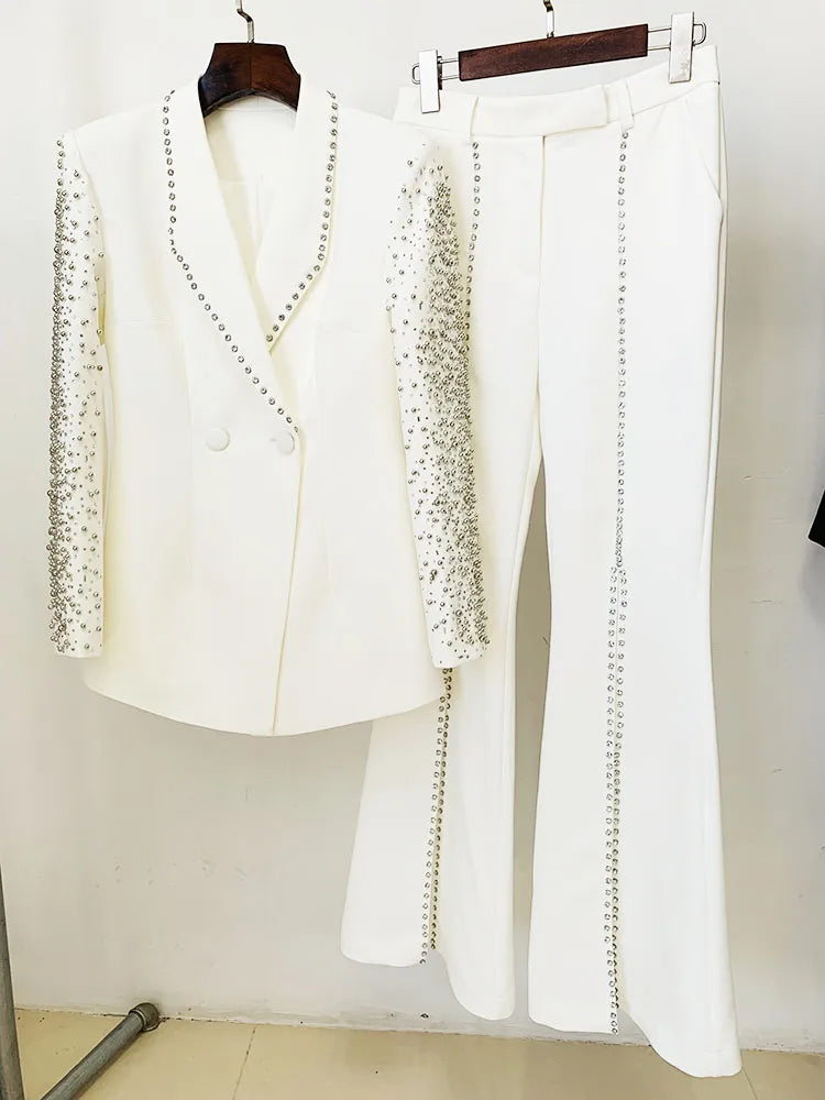 Amay HIGH STREET Newest Designer Suit Set Women's Stunning Diamonds Metal Ball Beaded Slit Pants Suit 2pcs
