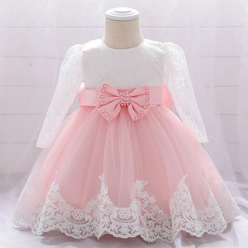 Maxy Baby Girl Baptism Newborn Photography Clothing Toddler Birthday Summer Dress Kids Christening Long Sleeve Lace Bow Ball Gown