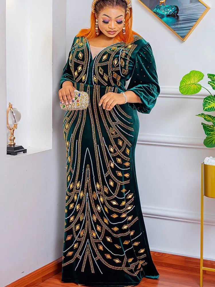 Amay Luxury Diamond Beaded Velvet Formal Party Long Dresses Elegant Women V Neck Lantarn Sleeve Solid Prom Gowns Clothing