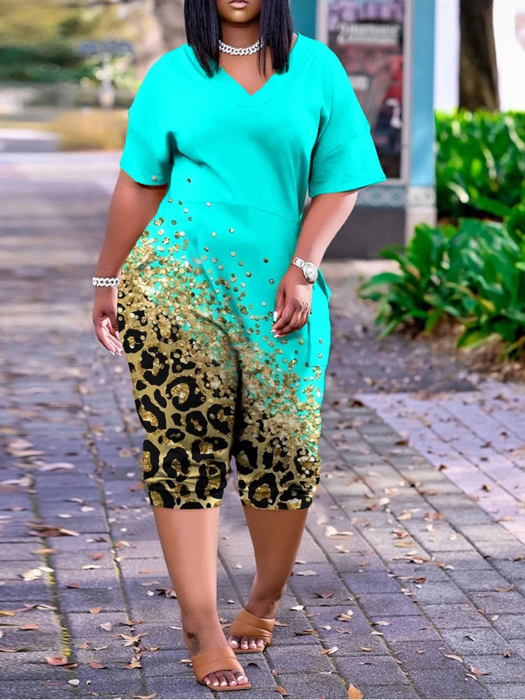 Maxy Plus Size Contrast Leopard Print V Neck Half Sleeve Jumpsuit Chic Knee-Length