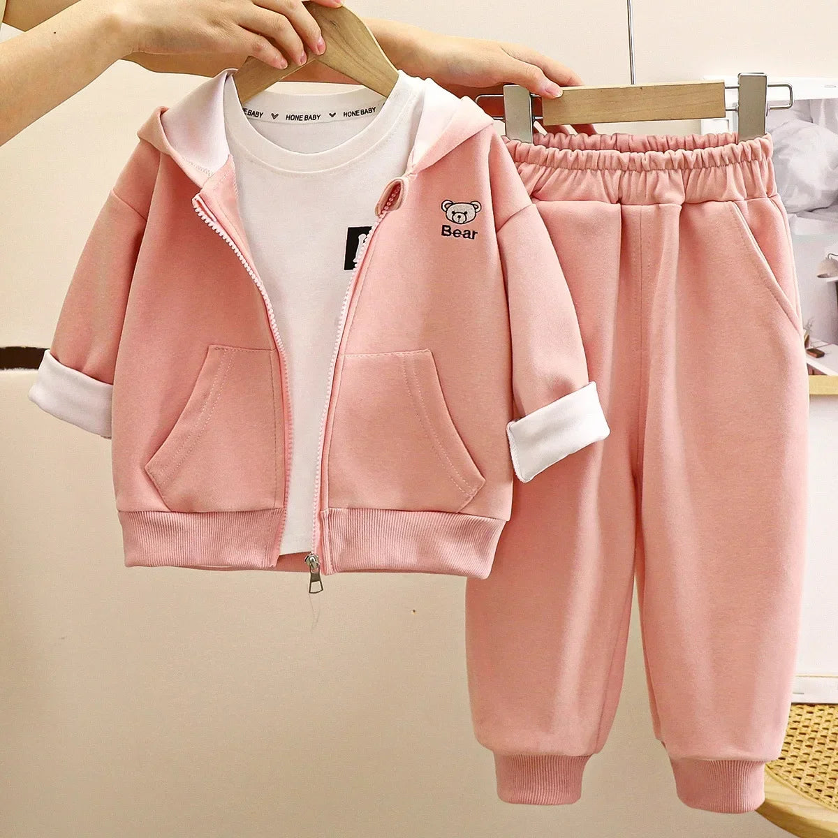 New Autumn Winter Kids Sportswear Children Cartoon Bear Hooded Zipper Hoodies Sweatshirt + Pants Boys Girls Casual Clothing Sets