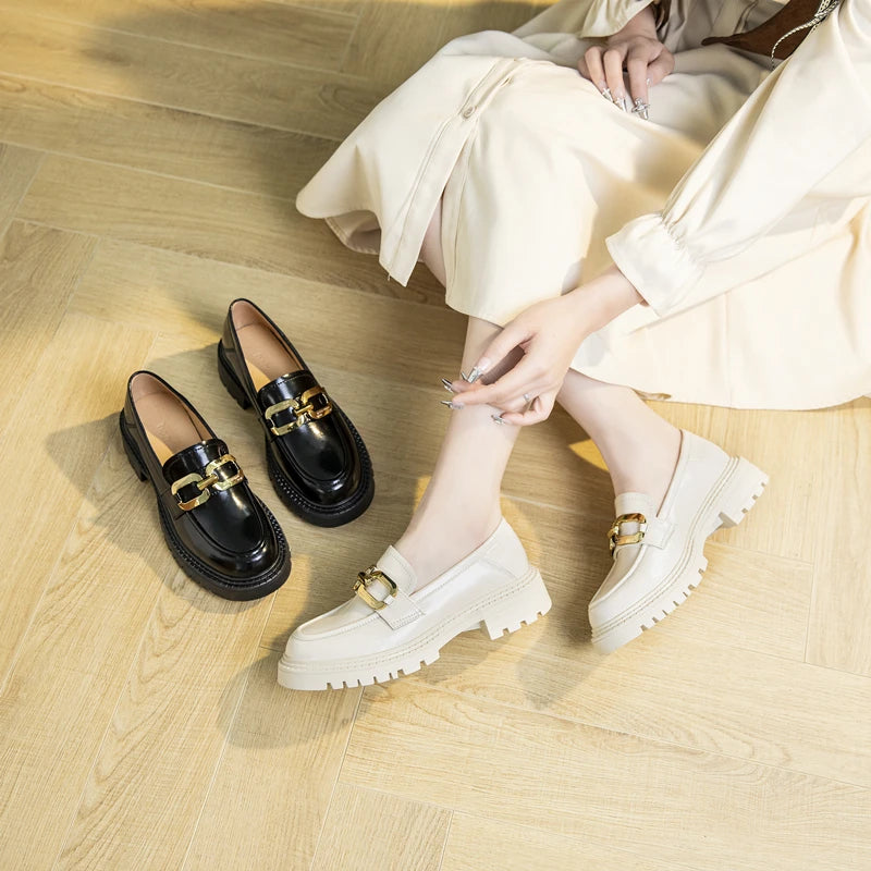 Amay Women Loafers Sneakers Spring New Genuine Leather Platform Shoes Women Casual British Style Female Penny Shoes