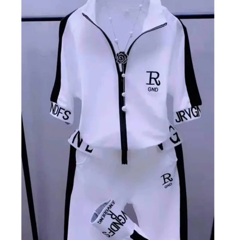 Amay Women's Casual Tracksuit Spring And Autumn New Fashion Suit Plus Size Short Sleeve Hooded Tops Pants 2 Two Piece Set For Women