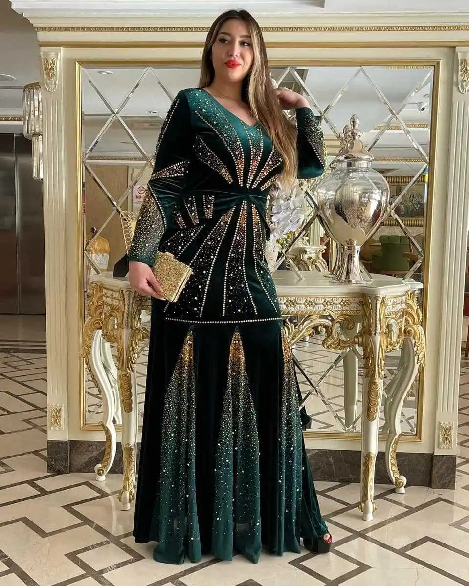 Maxy Velvet Evening Dresses for Women Dashiki Diamond Kaftan Party Long Dress Abaya Dubai Ankara Robe Femme Africa Clothes