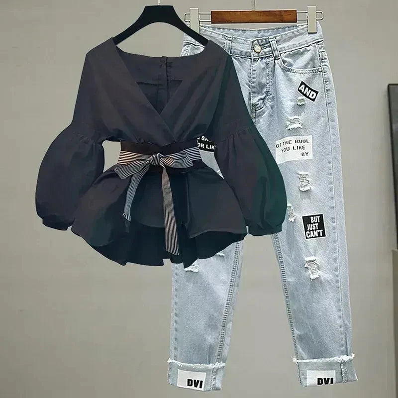Maxy Women Elegant V-Neck Stripe Lantern Sleeve Bow Belt Trend Slim Chiffon Shirt Top And Korean Ripped Jeans Office Lady Casual Suit