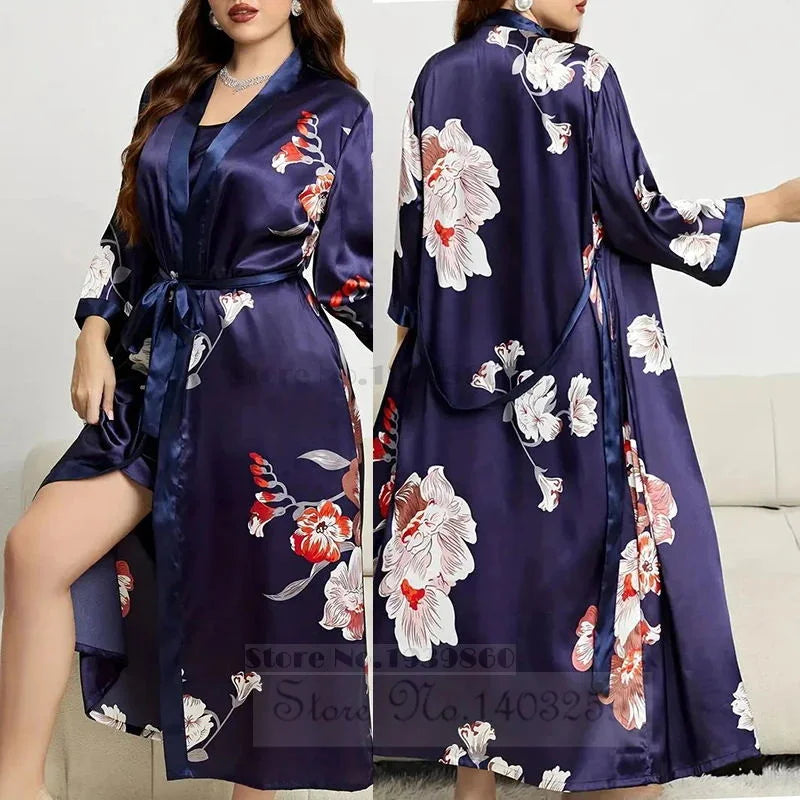 Maxy Large Size 3XL 4XL 5XL Female Robe Nightgown Print Flower Long Kimono Bathrobe Gown Sleepwear Loose Satin Home Dress Lounge Wear