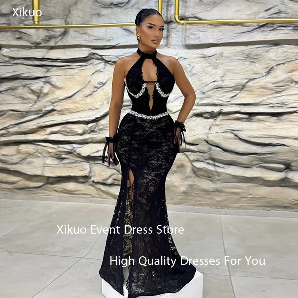 Maxy Graceful Black Lace Evening Dresses Mermaid Crystal Pleated Party Gowns Appliques High Side Slit Robe De Soirée Customized