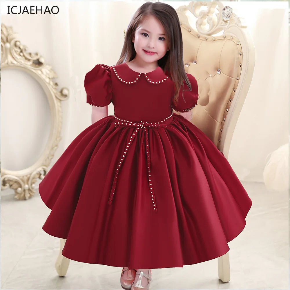 Maxy Flower Girl Vintage Dress Children Formal Red Ball Gown Kid Lace Long Evening Bridesmaid Prom Dresses for Wedding Party