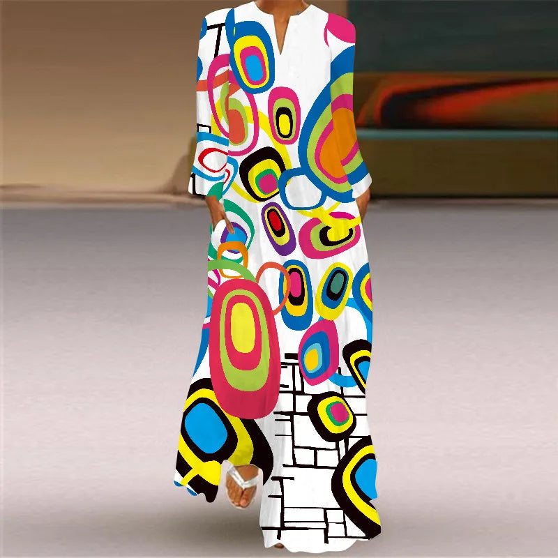 Maxy Casual Print Dress for Women Autumn New Printed V-neck Robe Vestidos Ladies Fashions Elegant Loose Long Dresses Vestidos