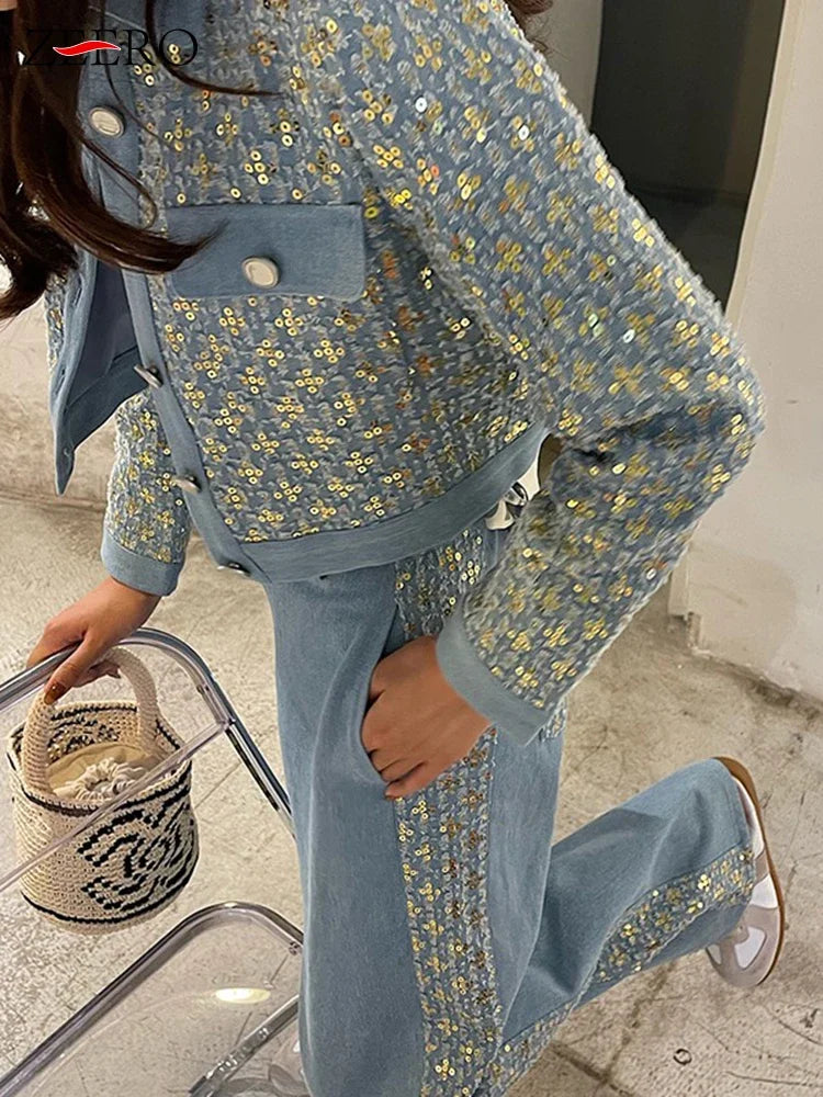 Maxy Pant Set Shiny Sequins Jean Coat Women Vintage Frayed Denim Jackets + Patchwork Wide Leg Pant 2 Piece Sets Womens Outfits