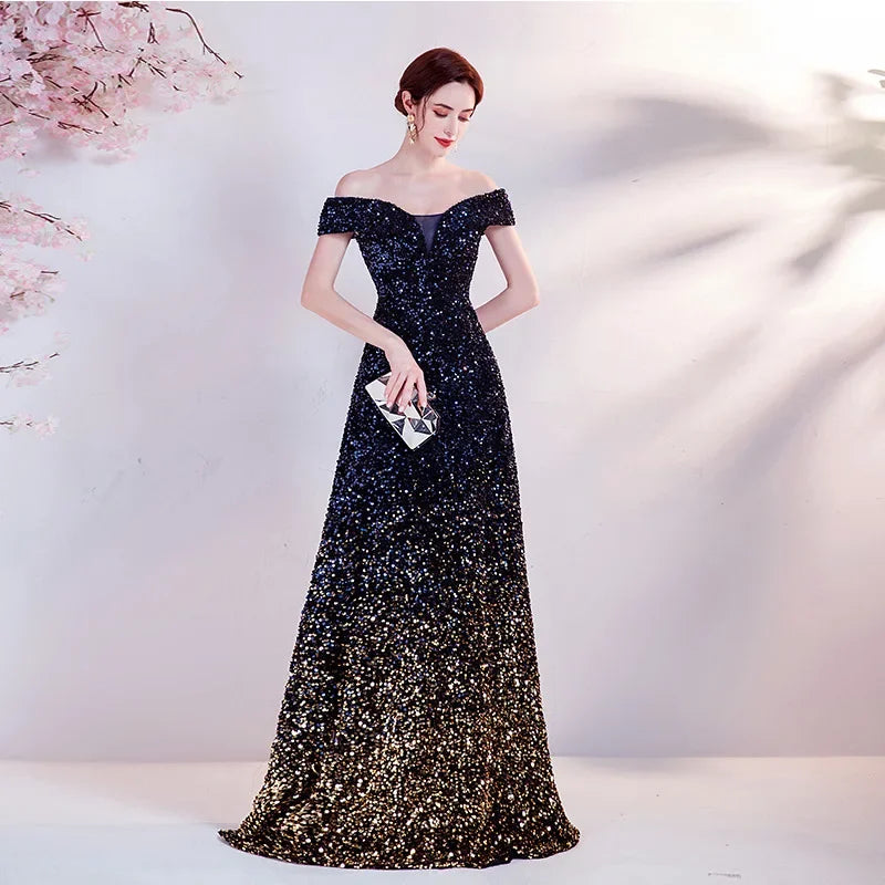 Maxy One Shoulder Evening Gown New Gradient Black Annual Party Stage Performance Host Walking Fish Tail Dress for Women